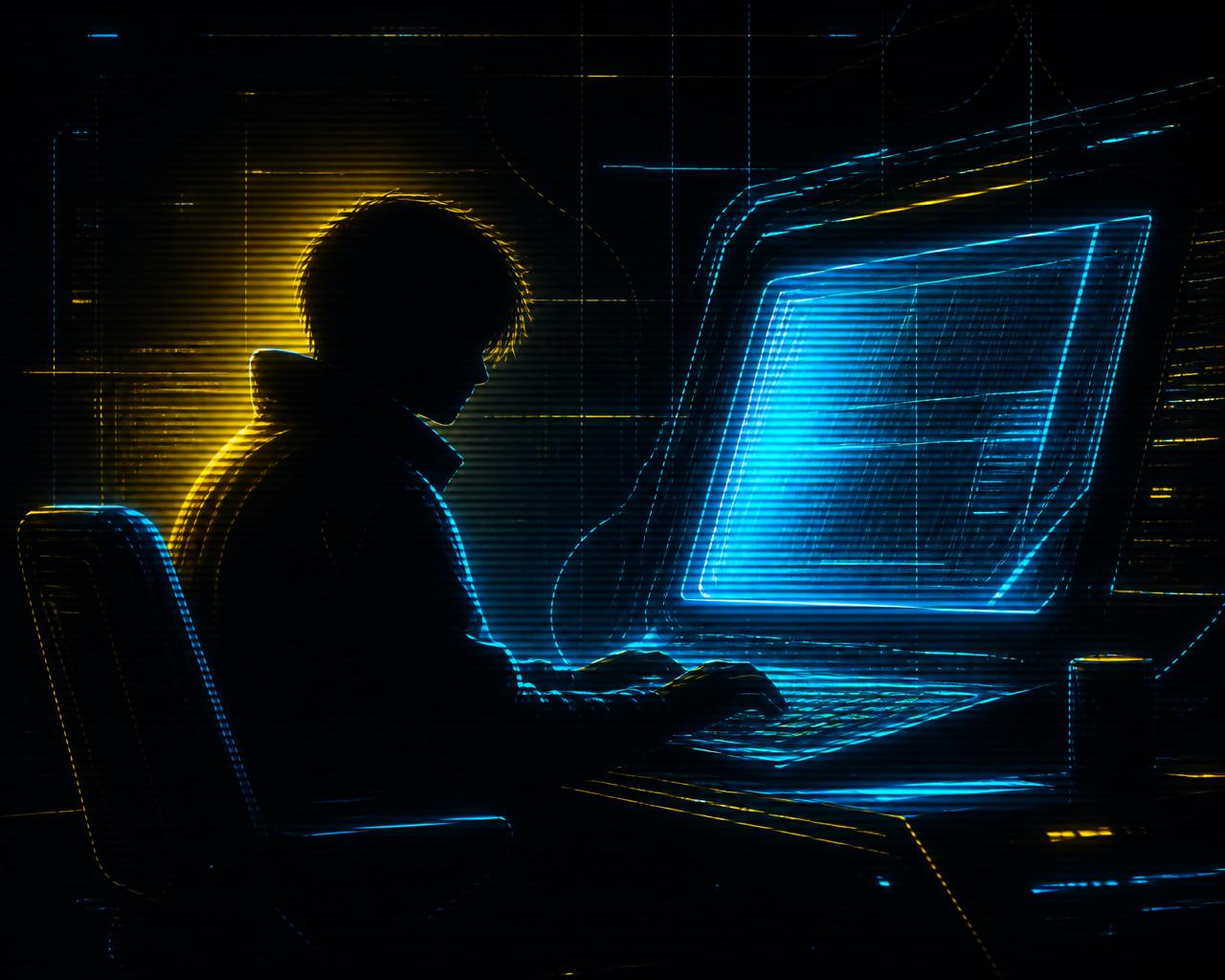 Silhouette of a person at a glowing terminal, gold and neon blue rim lighting