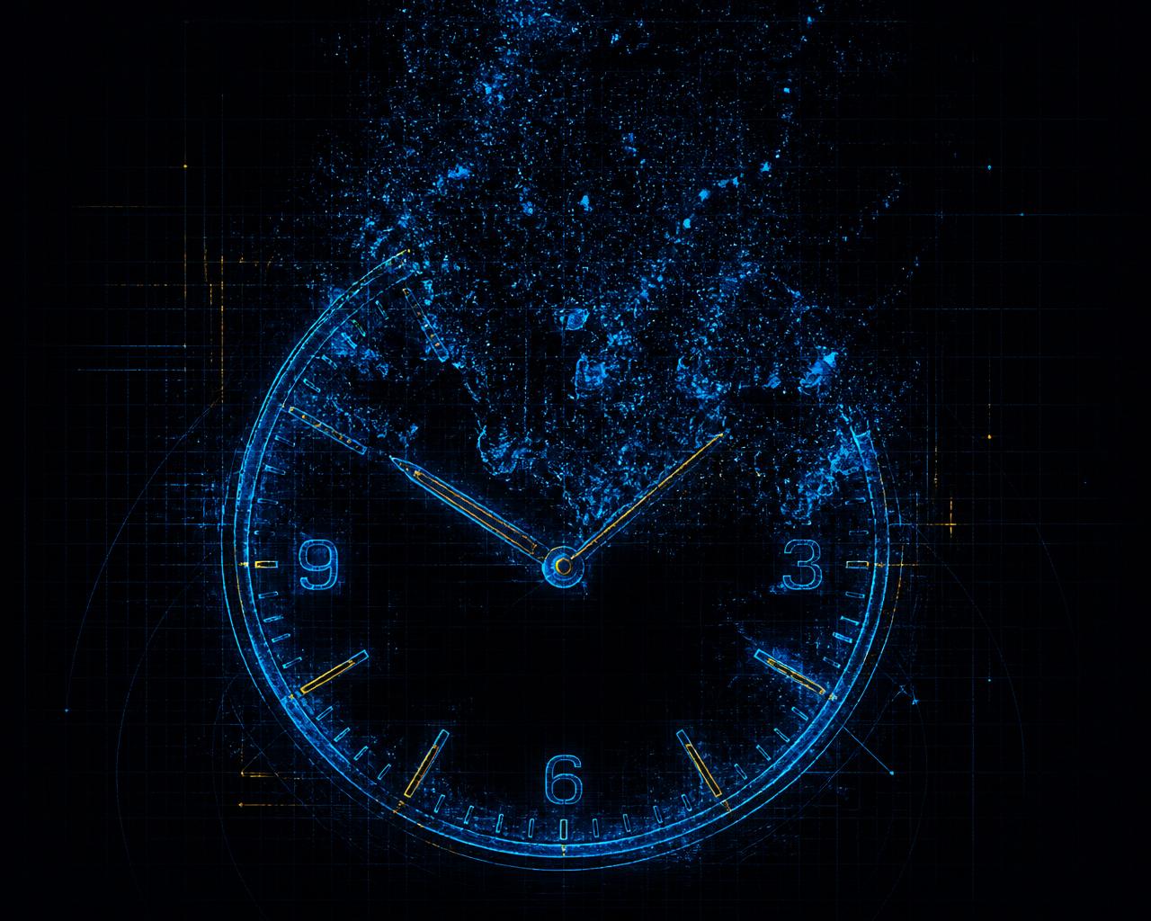Fragmented clock face dissolving into neon-blue particles, symbolizing time leaking away