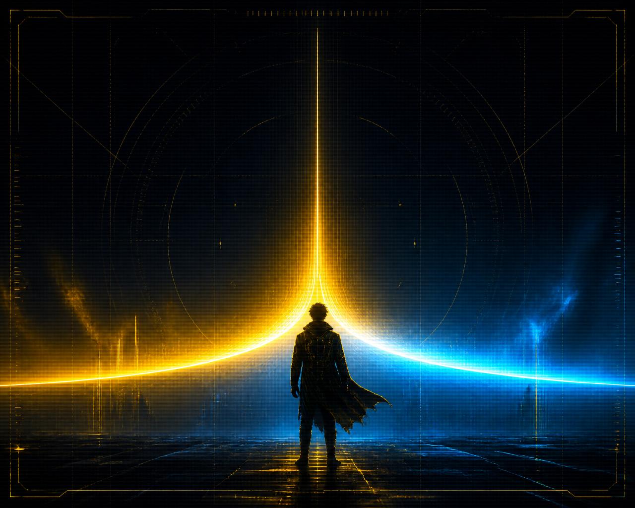 Silhouetted figure standing before a rising gold-and-blue arc of light, evoking transformation